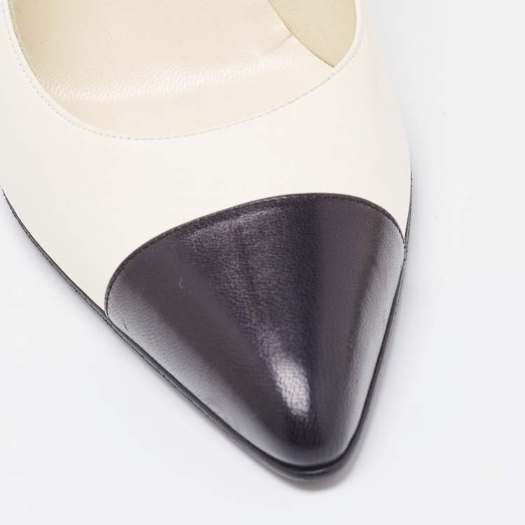 Pre Owned Chanel White/Black Leather Cap Toe Pointed Pumps Size 39