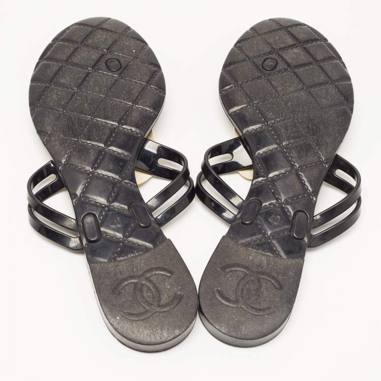 Pre Owned Chanel Black Jelly Camellia Thong Flats Size 40