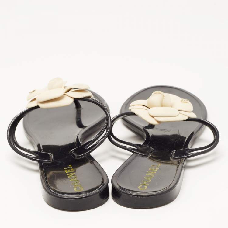 Pre Owned Chanel Black Jelly Camellia Thong Flats Size 40