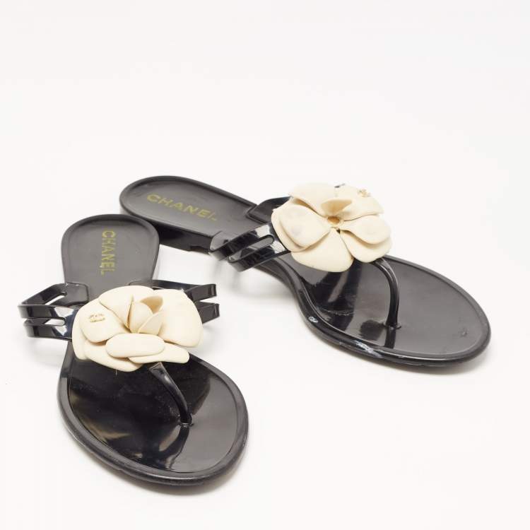 Pre Owned Chanel Black Jelly Camellia Thong Flats Size 40