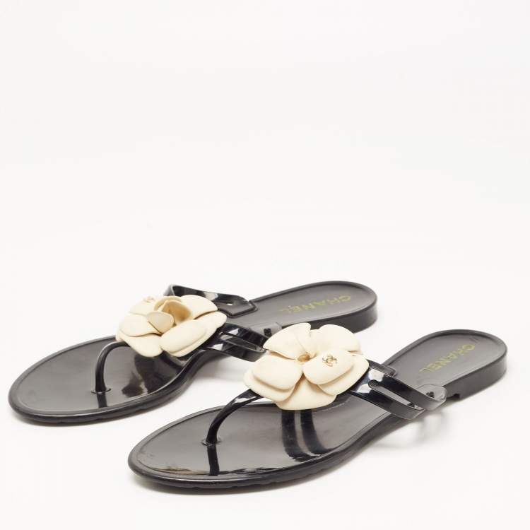 Pre Owned Chanel Black Jelly Camellia Thong Flats Size 40