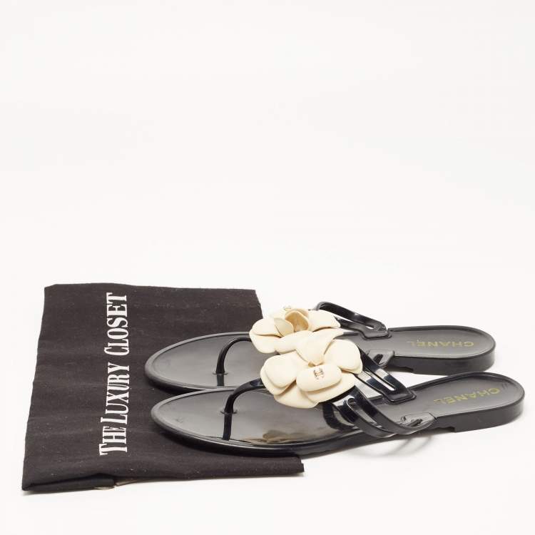 Pre Owned Chanel Black Jelly Camellia Thong Flats Size 40