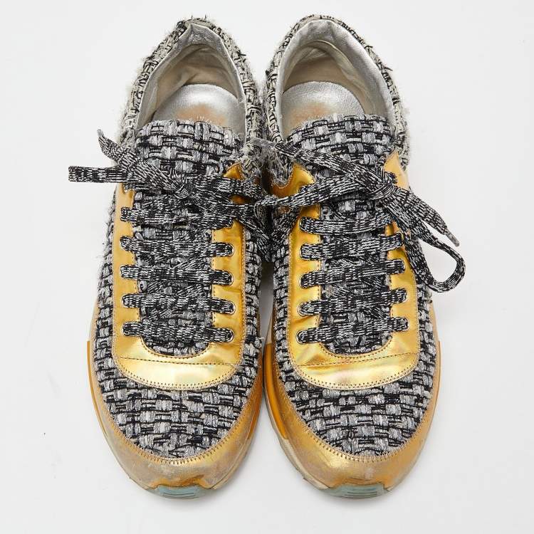 Pre Owned Chanel Tricolor Tweed and Leather CC Low Top Sneakers Size 38