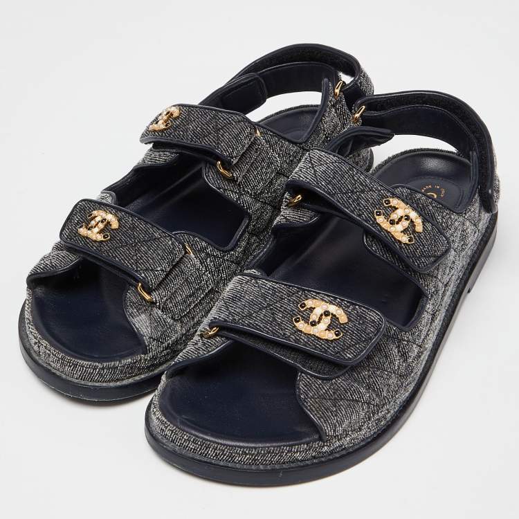 Pre Owned Chanel Navy Blue Quilted Velvet CC Velcro Dad Flats Size 37.5