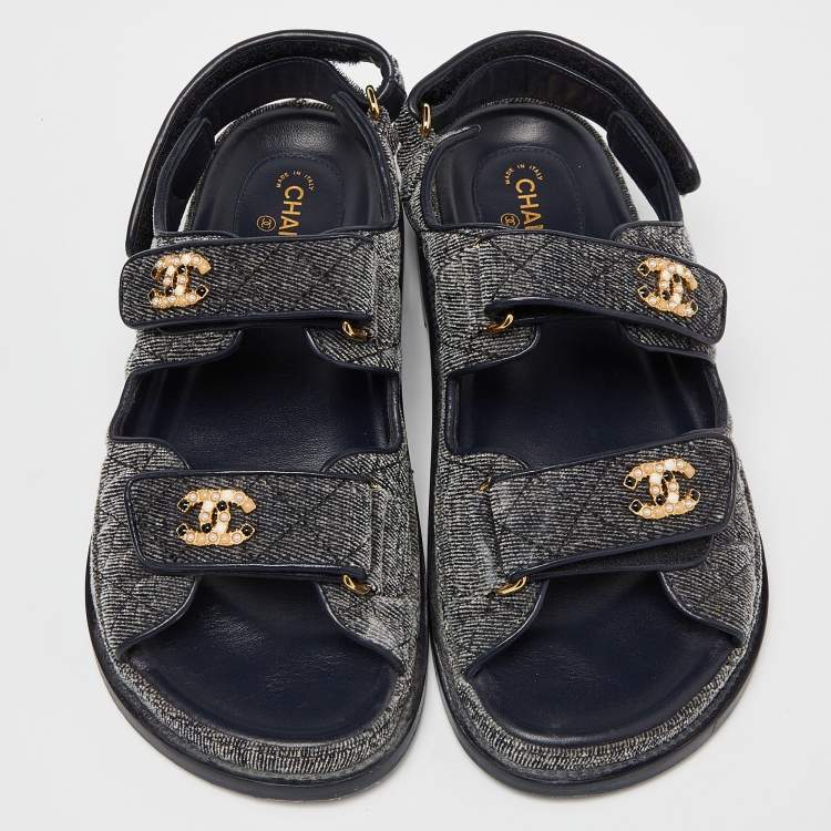 Pre Owned Chanel Navy Blue Quilted Velvet CC Velcro Dad Flats Size 37.5