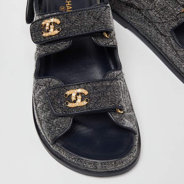 Pre Owned Chanel Navy Blue Quilted Velvet CC Velcro Dad Flats Size 37.5