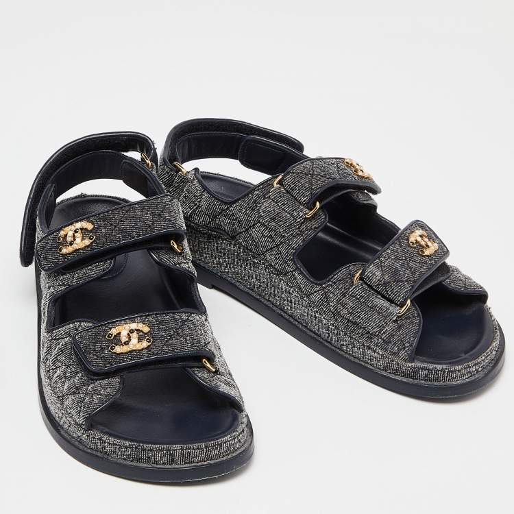 Pre Owned Chanel Navy Blue Quilted Velvet CC Velcro Dad Flats Size 37.5