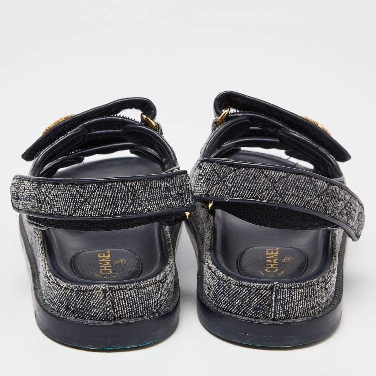 Pre Owned Chanel Navy Blue Quilted Velvet CC Velcro Dad Flats Size 37.5