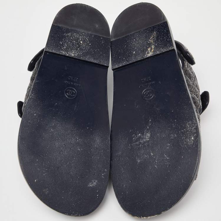 Pre Owned Chanel Navy Blue Quilted Velvet CC Velcro Dad Flats Size 37.5