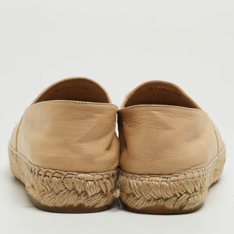 Pre Owned Chanel Beige/Black Leather  CC Cap Toe Espadrille Flats Size 38