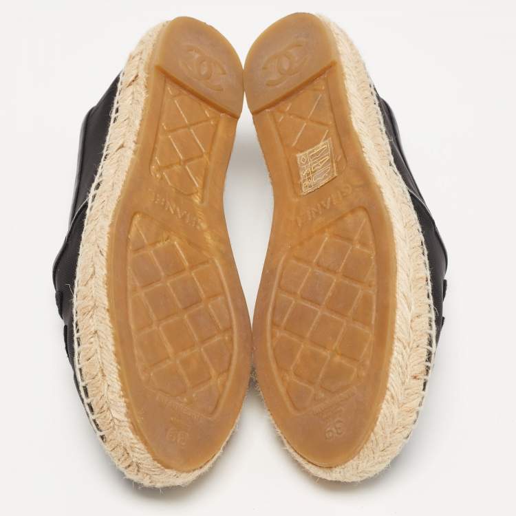 Pre Owned Chanel Black Mesh and Leather CC Espadrille Flats Size 39