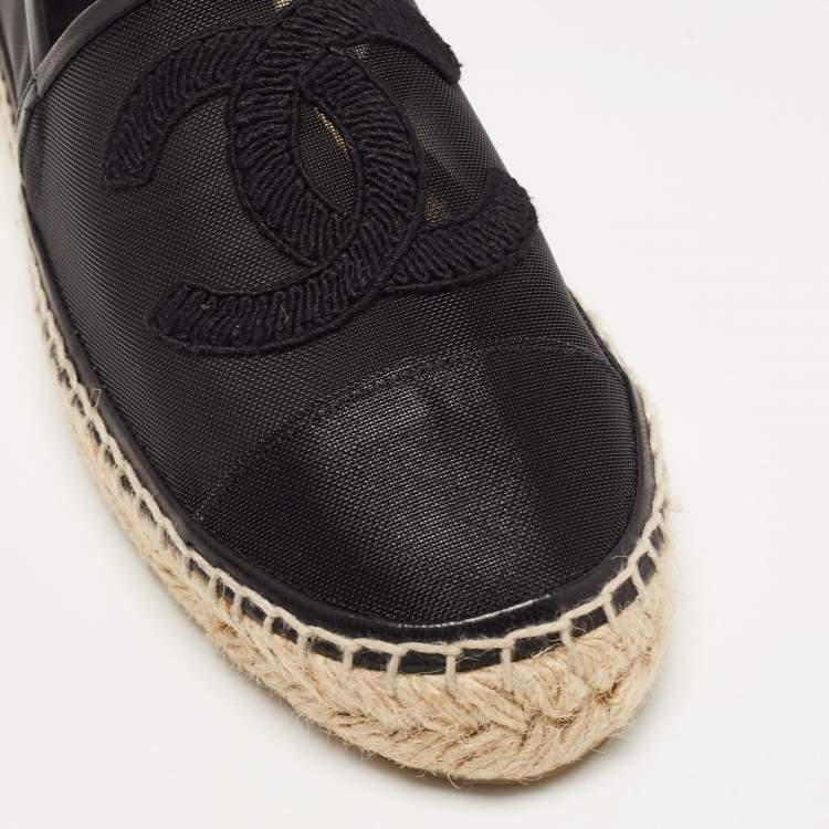 Pre Owned Chanel Black Mesh and Leather CC Espadrille Flats Size 39