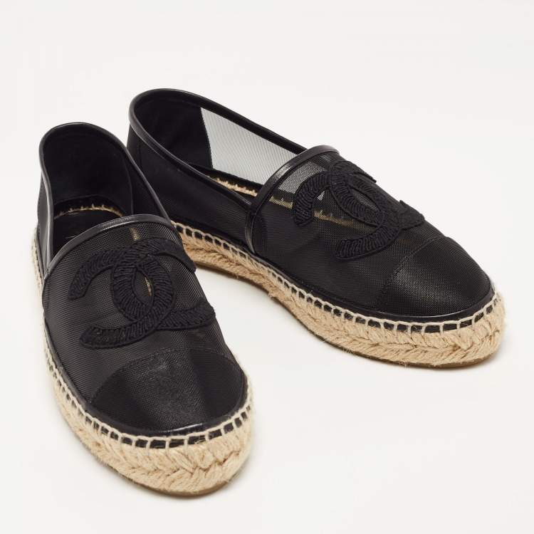 Pre Owned Chanel Black Mesh and Leather CC Espadrille Flats Size 39
