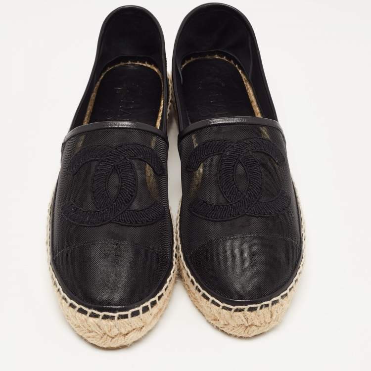 Pre Owned Chanel Black Mesh and Leather CC Espadrille Flats Size 39
