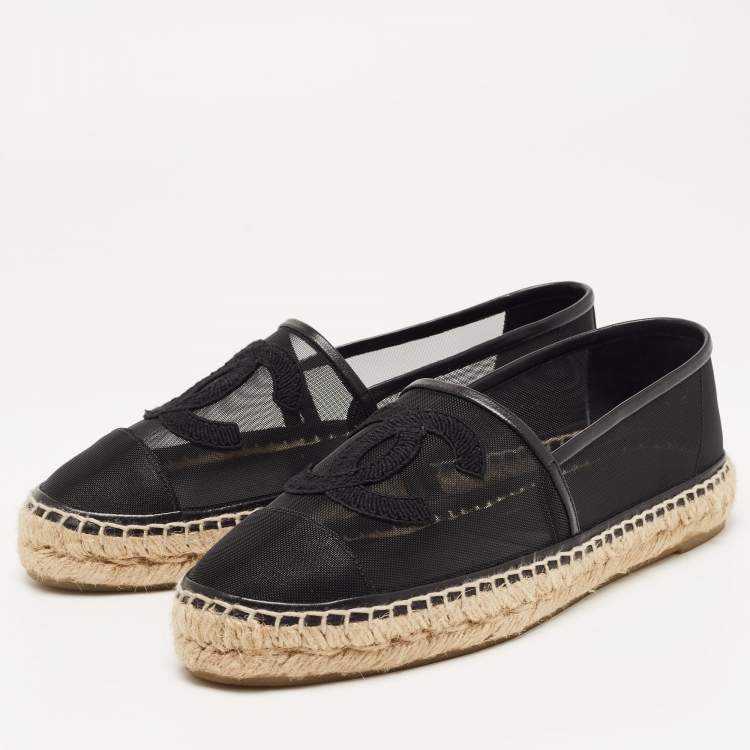 Pre Owned Chanel Black Mesh and Leather CC Espadrille Flats Size 39
