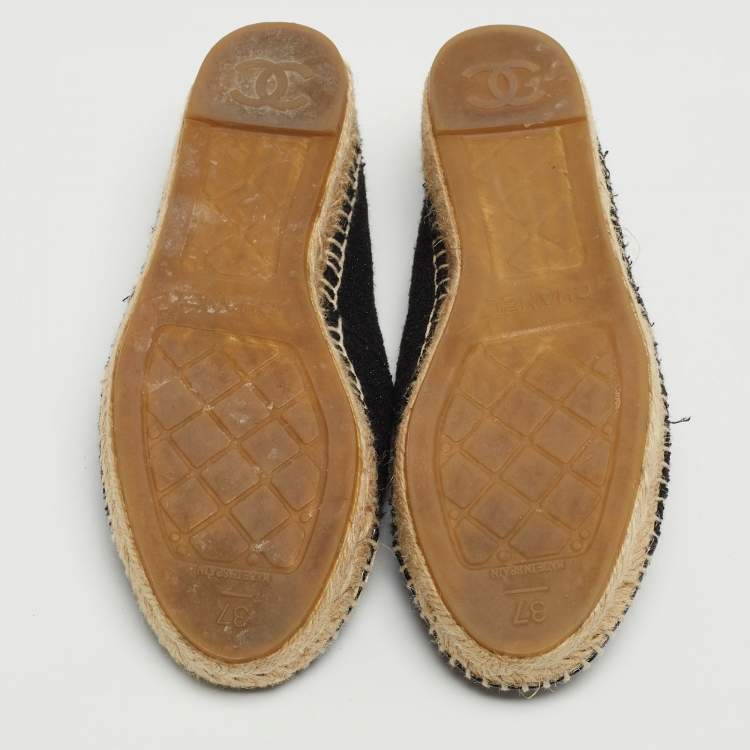 Pre Owned Chanel Black Tweed and Patent Cap Toe CC Espadrille Flats Size 37