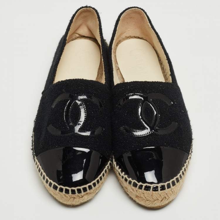 Pre Owned Chanel Black Tweed and Patent Cap Toe CC Espadrille Flats Size 37