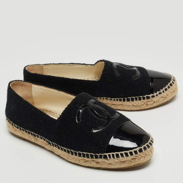 Pre Owned Chanel Black Tweed and Patent Cap Toe CC Espadrille Flats Size 37