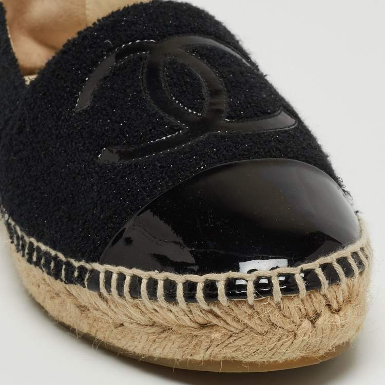 Pre Owned Chanel Black Tweed and Patent Cap Toe CC Espadrille Flats Size 37