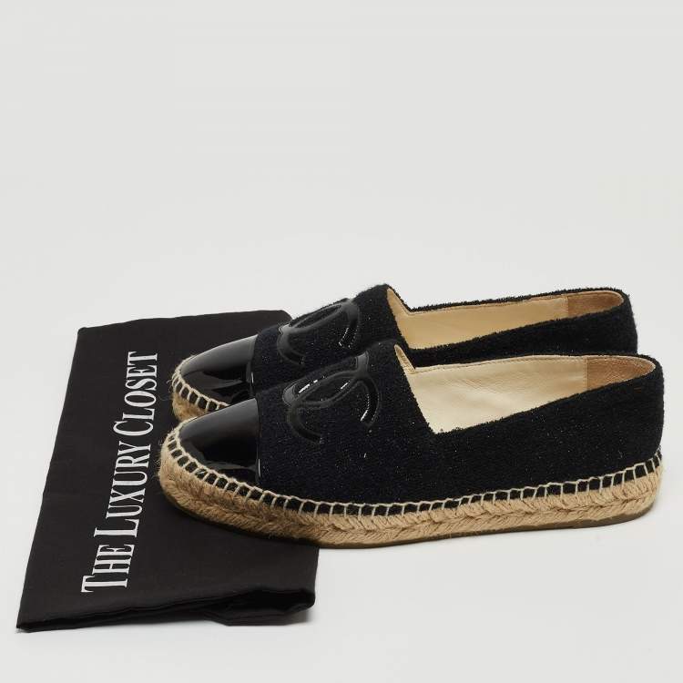 Pre Owned Chanel Black Tweed and Patent Cap Toe CC Espadrille Flats Size 37