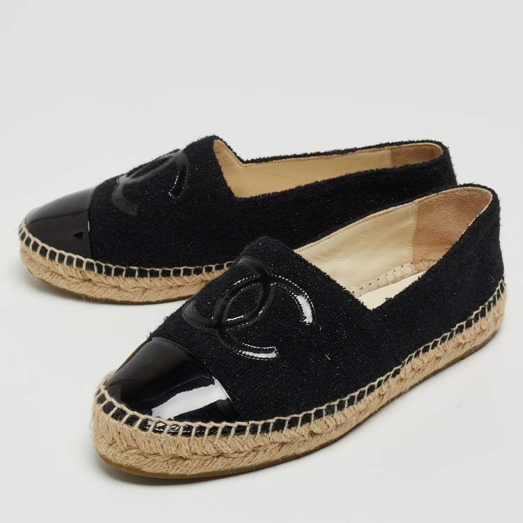Pre Owned Chanel Black Tweed and Patent Cap Toe CC Espadrille Flats Size 37