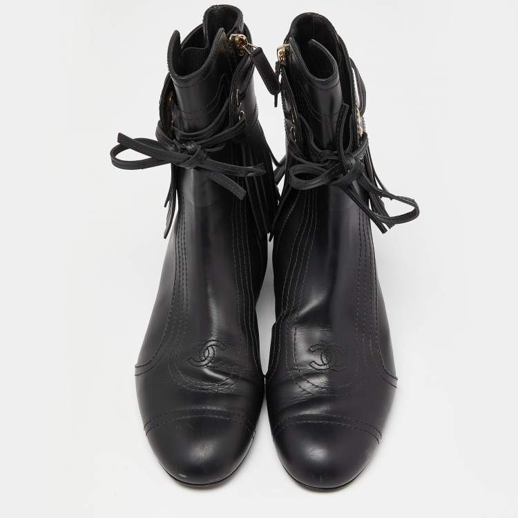 Pre Owned Chanel Black Leather Fringe Double Zip CC Boots Size 37.5