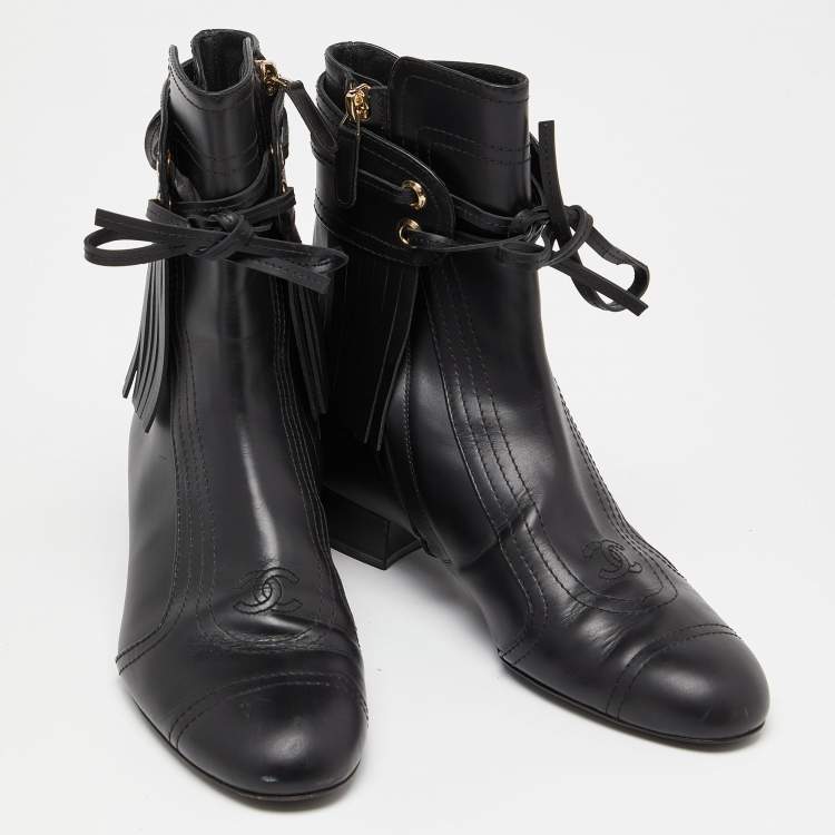 Pre Owned Chanel Black Leather Fringe Double Zip CC Boots Size 37.5