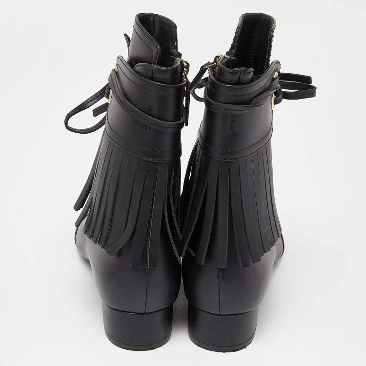 Pre Owned Chanel Black Leather Fringe Double Zip CC Boots Size 37.5