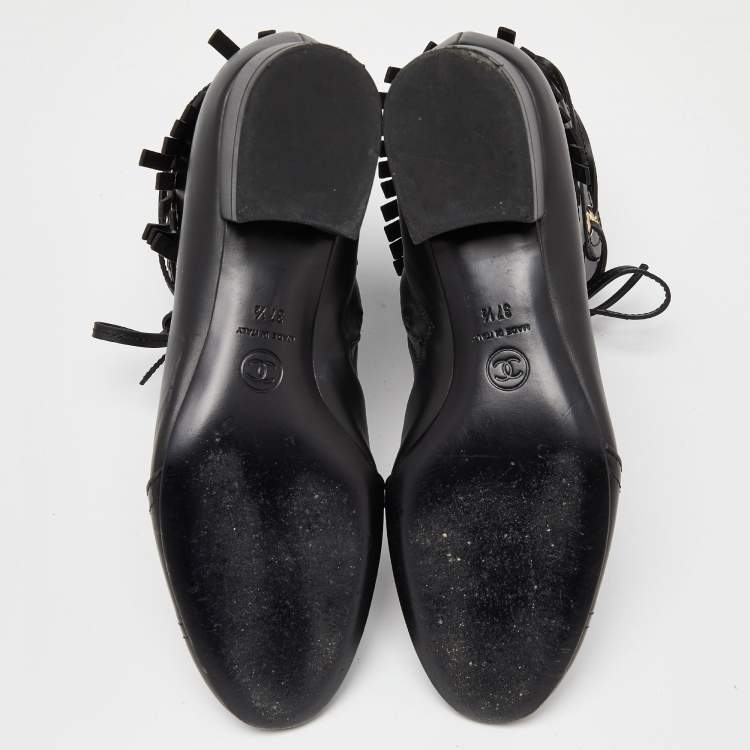 Pre Owned Chanel Black Leather Fringe Double Zip CC Boots Size 37.5