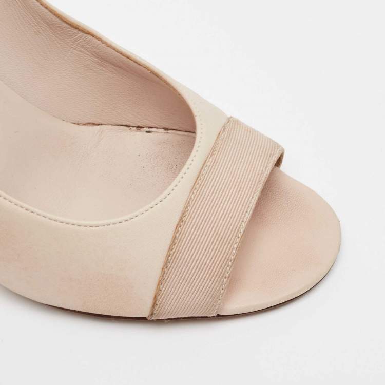 Pre Owned Chanel Two Tone Leather and Fabric CC Faux Pearl Open Toe Pumps Size 37.5