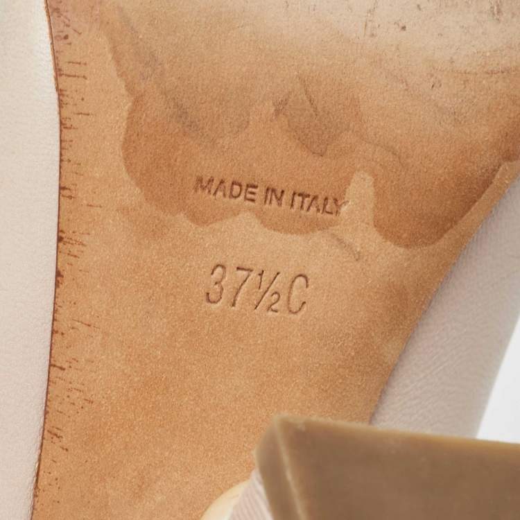 Pre Owned Chanel Two Tone Leather and Fabric CC Faux Pearl Open Toe Pumps Size 37.5