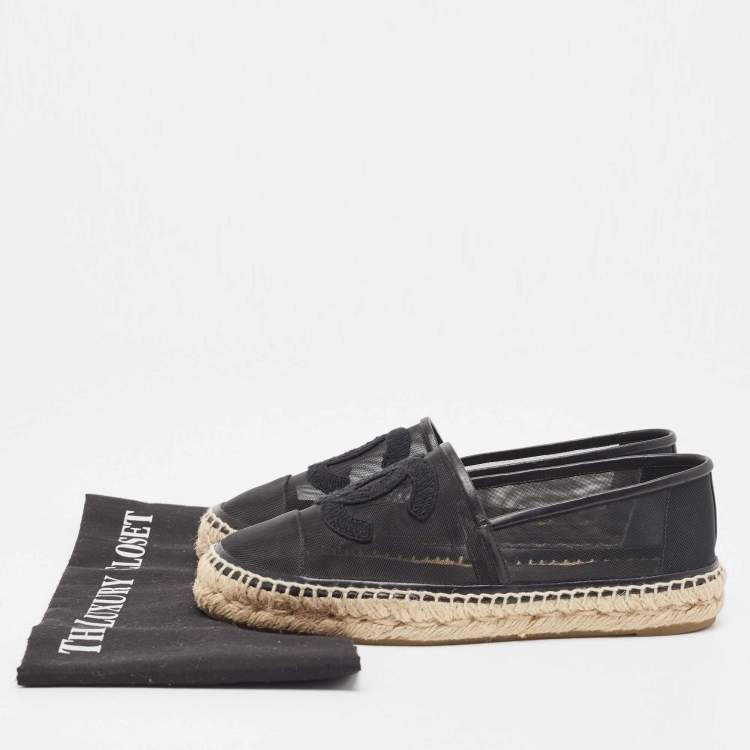 Pre Owned Chanel Black Mesh and Leather CC Cap Toe Espadrille Flats Size 38
