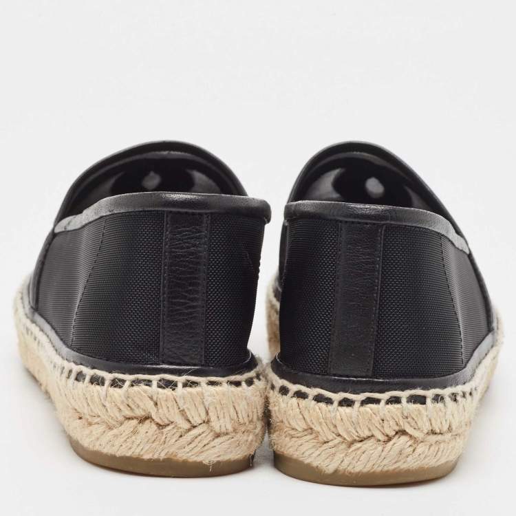 Pre Owned Chanel Black Mesh and Leather CC Cap Toe Espadrille Flats Size 38