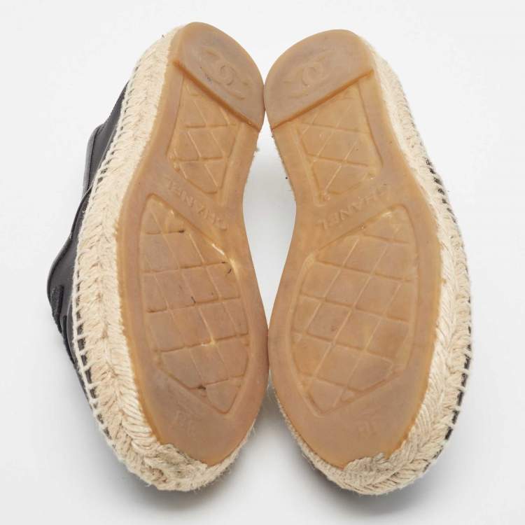 Pre Owned Chanel Black Mesh and Leather CC Cap Toe Espadrille Flats Size 38