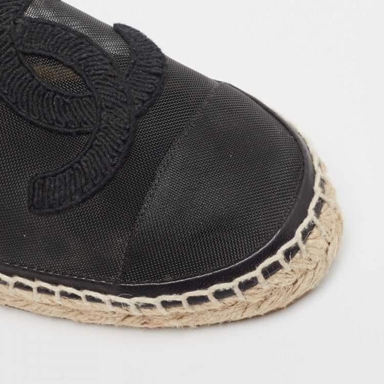 Pre Owned Chanel Black Mesh and Leather CC Cap Toe Espadrille Flats Size 38