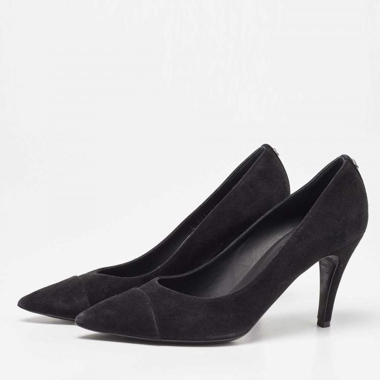 Pre Owned Chanel Black Suede Cap Toe Pointed Pumps Size 37.5