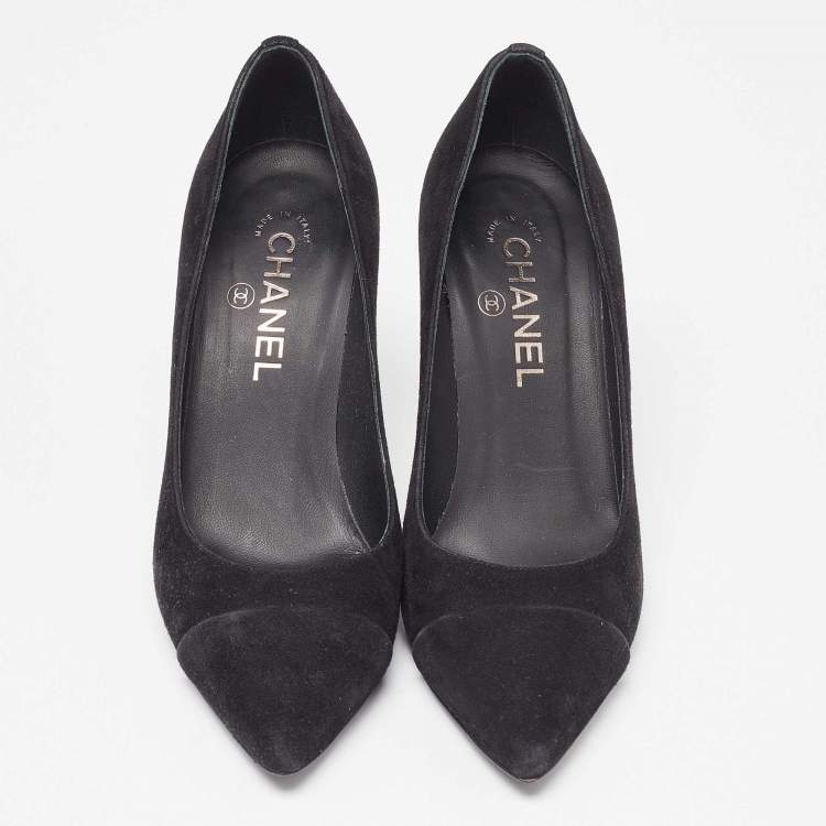 Pre Owned Chanel Black Suede Cap Toe Pointed Pumps Size 37.5