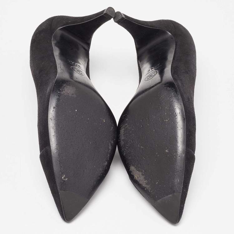 Pre Owned Chanel Black Suede Cap Toe Pointed Pumps Size 37.5