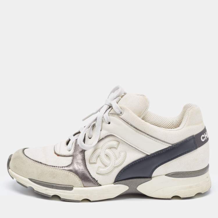 Pre Owned Chanel Tricolor Leather And Canvas CC Lace Up Sneakers Size 39.5