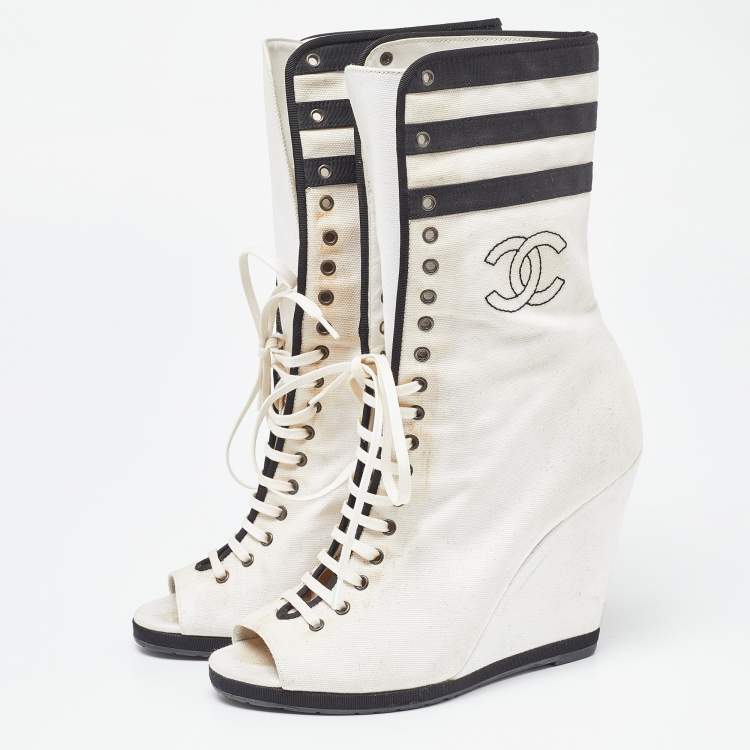 Chanel White Black Canvas CC Wedge Peep Toe Mid Calf Boots Size 39