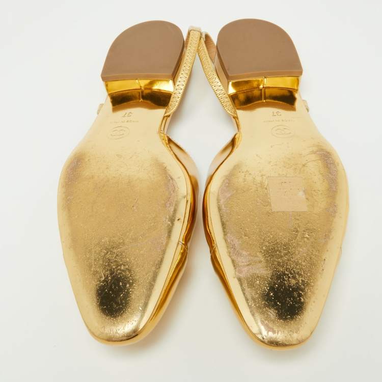 Pre Owned Chanel Gold Patent Leather CC Cap Toe Slingback Pumps Size 37
