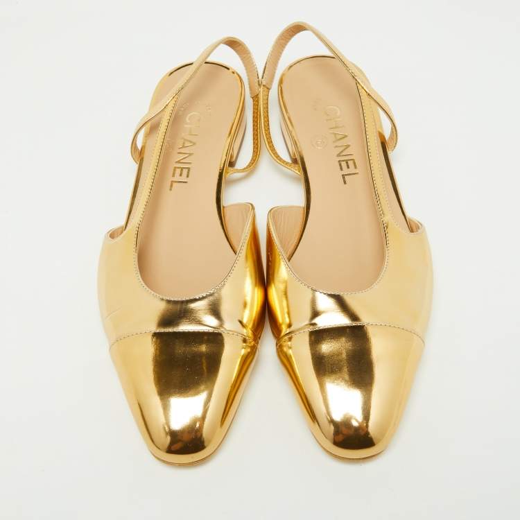 Pre Owned Chanel Gold Patent Leather CC Cap Toe Slingback Pumps Size 37