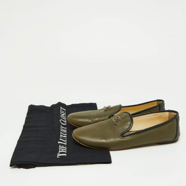 Pre Owned Chanel Khaki Green/Black Leather CC Smoking Slippers Size 37