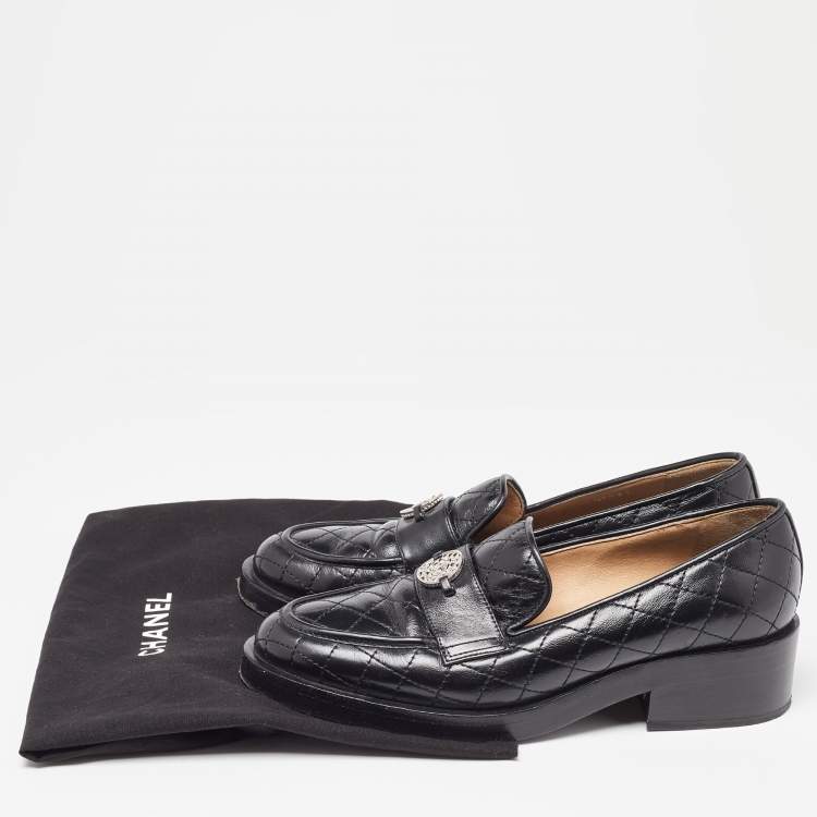 Pre Owned Chanel Black Quilted Leather CC Logo Slip On Loafers Size 36.5