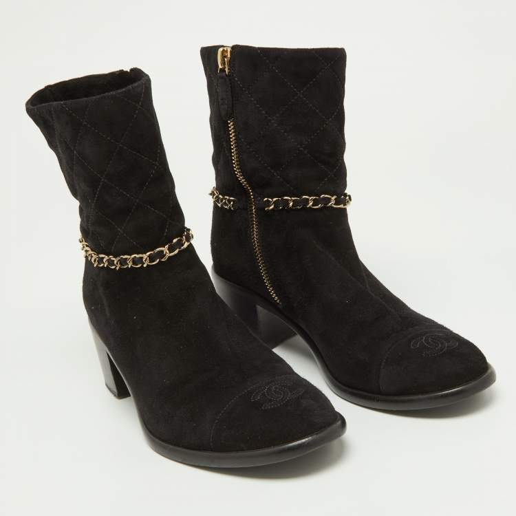 Pre Owned Chanel Black Suede Chain Link Zip Ankle Boots Size 37