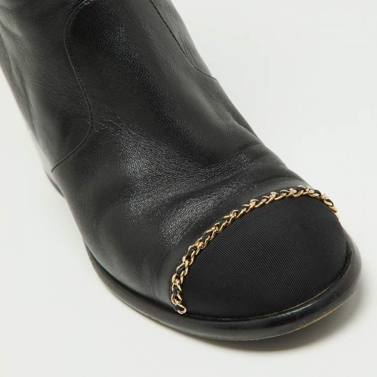 Pre Owned Chanel Black Leather Chain Detail Ankle Boots Size 36.5