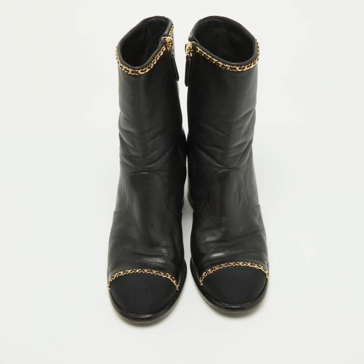 Pre Owned Chanel Black Leather Chain Detail Ankle Boots Size 36.5