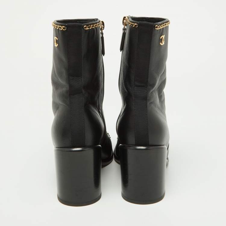 Pre Owned Chanel Black Leather Chain Detail Ankle Boots Size 36.5