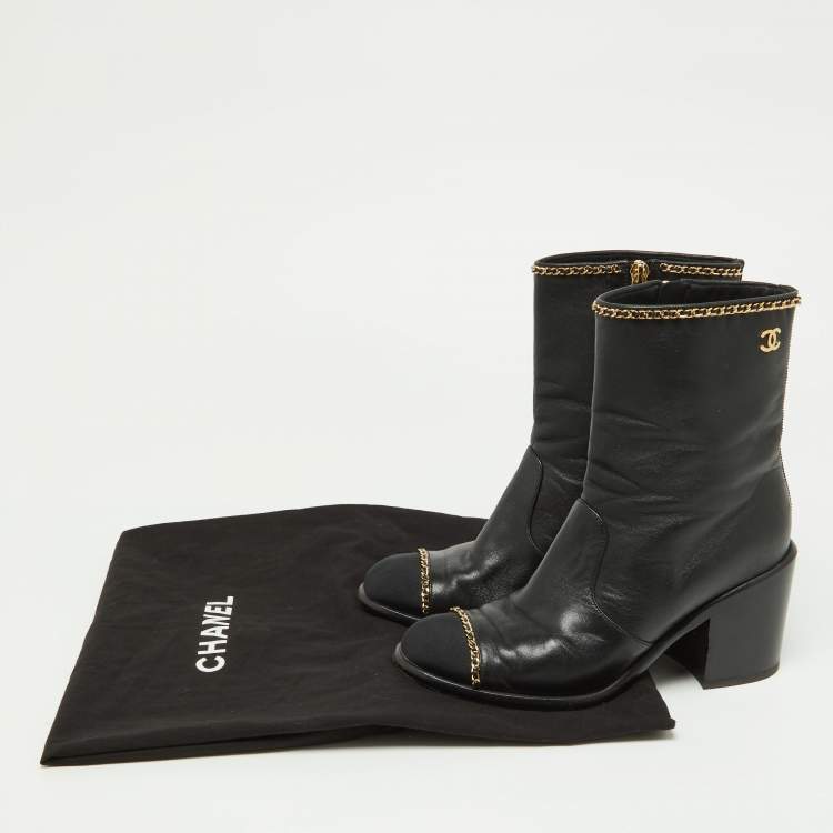 Pre Owned Chanel Black Leather Chain Detail Ankle Boots Size 36.5