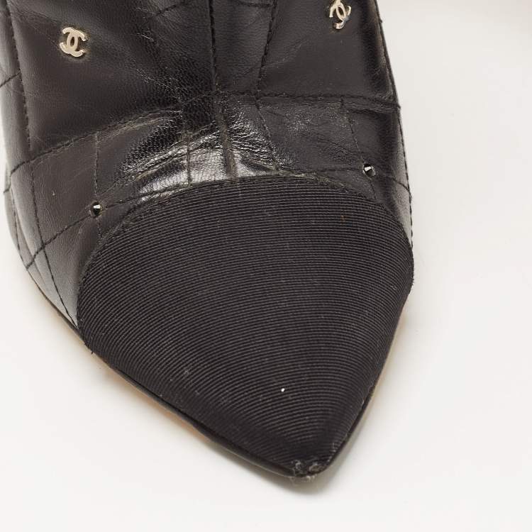 Pre Owned Chanel Black Leather Quilted Leather CC and Crystal Embellished Booties Size 39